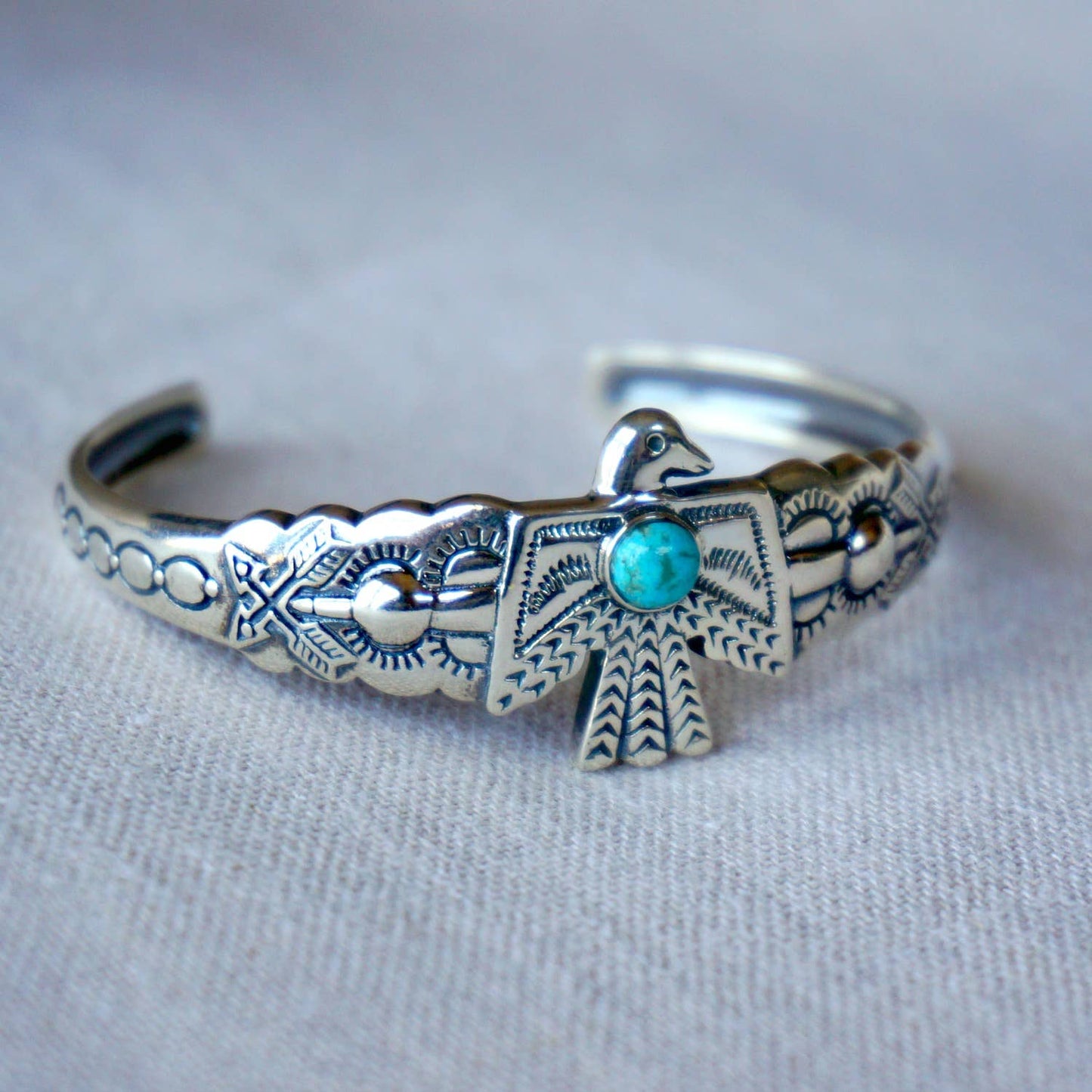 Navajo Thunderbird Turquoise Cuff Bracelet in Sterling Silver - Handcrafted Gift Boxed Accessory - Silver Elegant