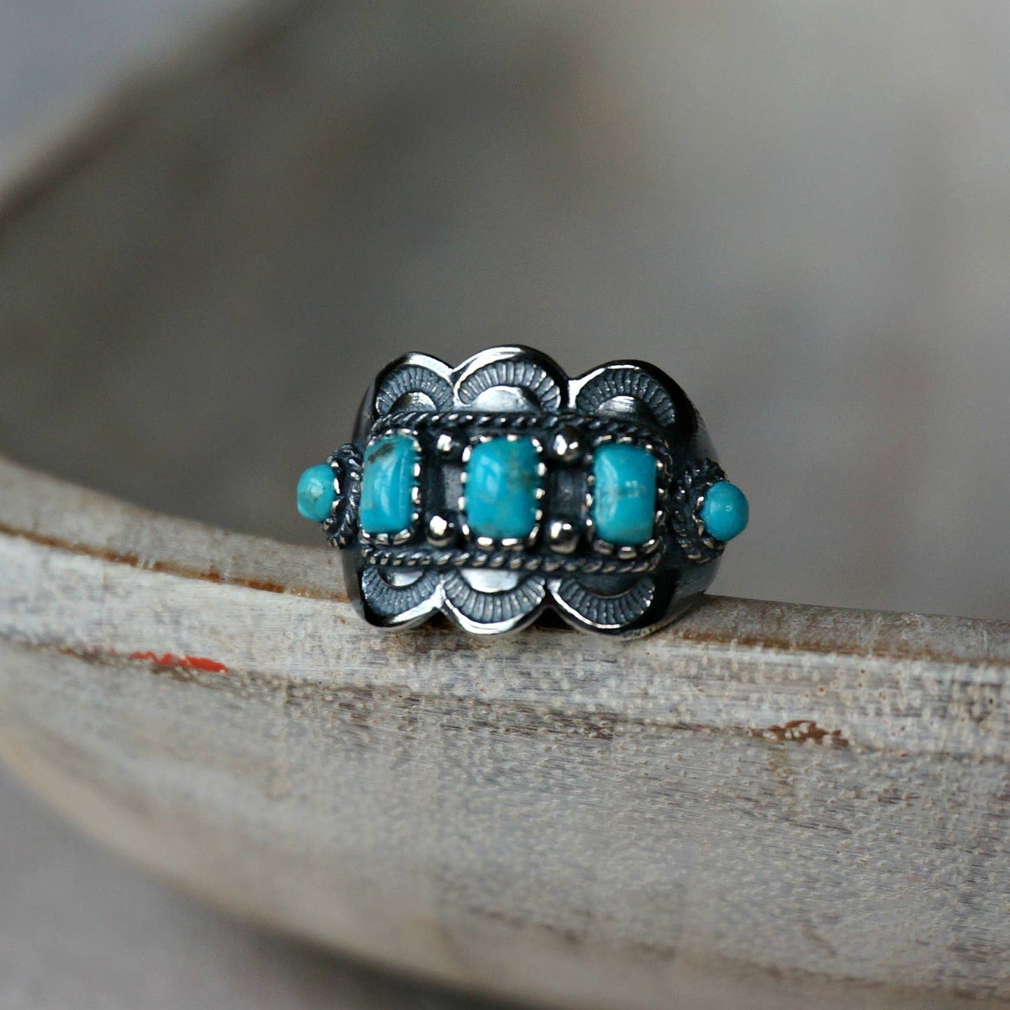 Native American Artisan Cuff Ring in Sterling Silver & Turquoise - Unique Gift Boxed Jewelry - Silver Elegant