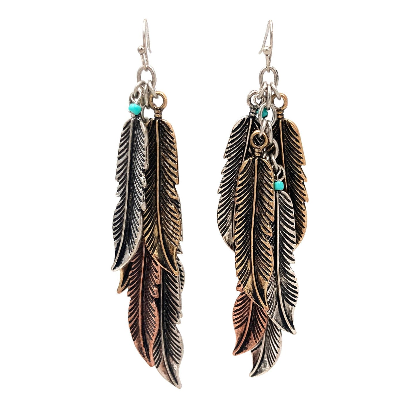 Tricolor Feather Charm Boho Metal Earrings - Silver Elegant