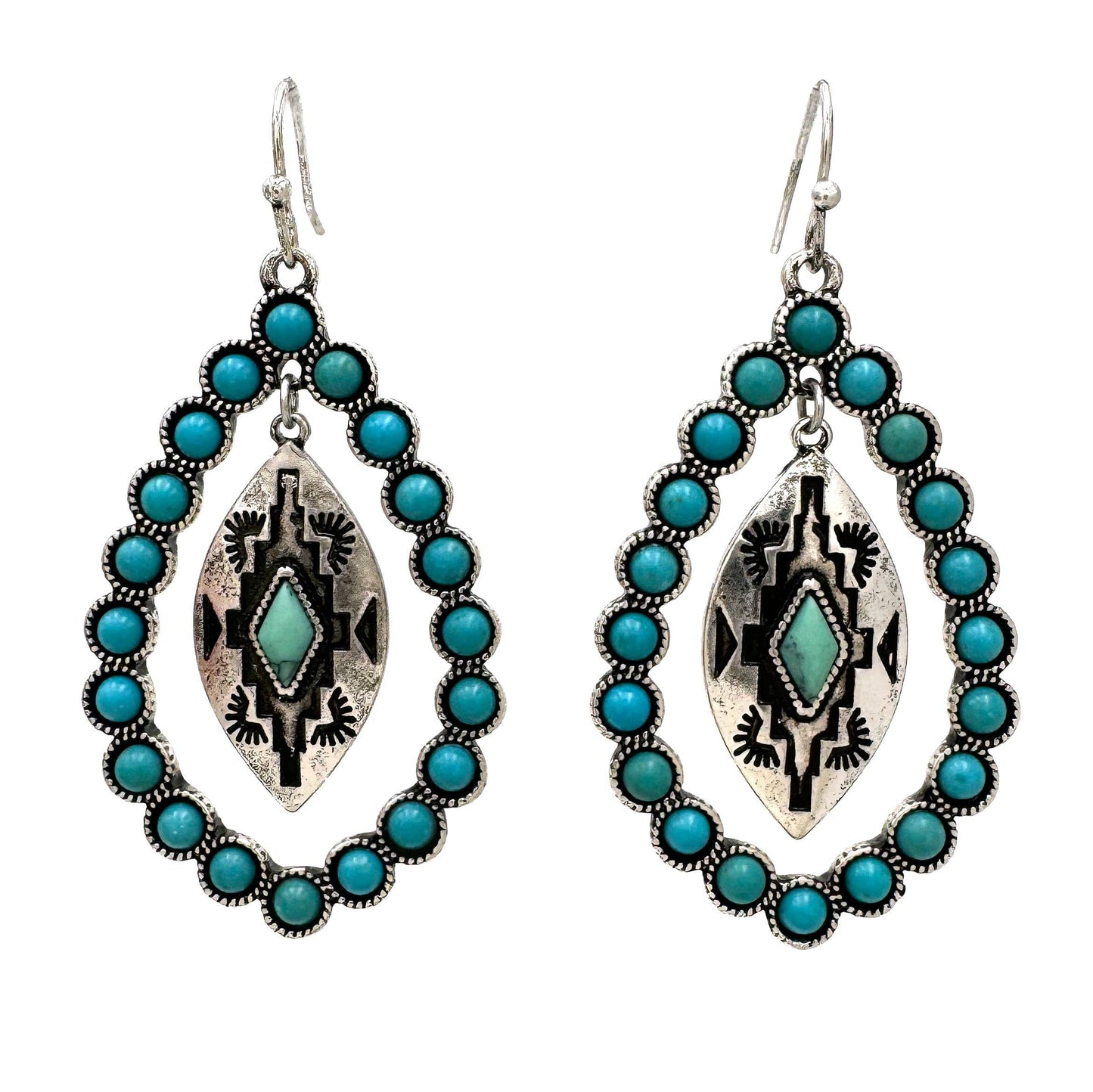 Aztec-inspired Teardrop Turquoise Earrings featuring a vibrant turquoise coating and intricate patterns, perfect for a bold, chic statement - Silver Elegant