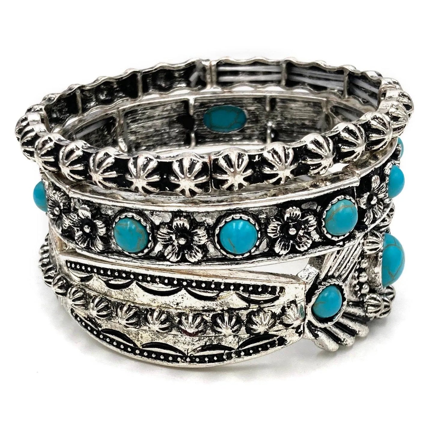 Handcrafted Boho Chic Turquoise Stone Western Chunky Stretch Bracelet, Gift Box - Silver Elegant