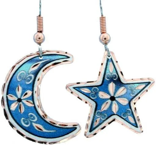 Handcrafted Blue Moon & Star Earrings, Wire Drop Copper Diamond Cut Earrings, Gift Box - Silver Elegant