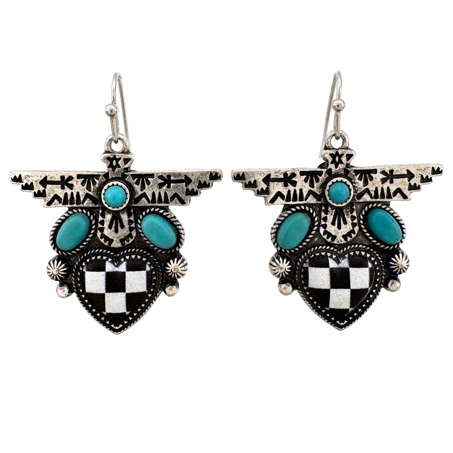 Turquoise Thunderbird Earrings with Stylish Checkered Design - Silver Elegant