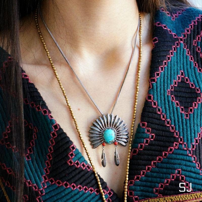 Navajo Headdress Turquoise Necklace in Sterling Silver – Authentic Native American Jewelry Gift Set - Silver Elegant