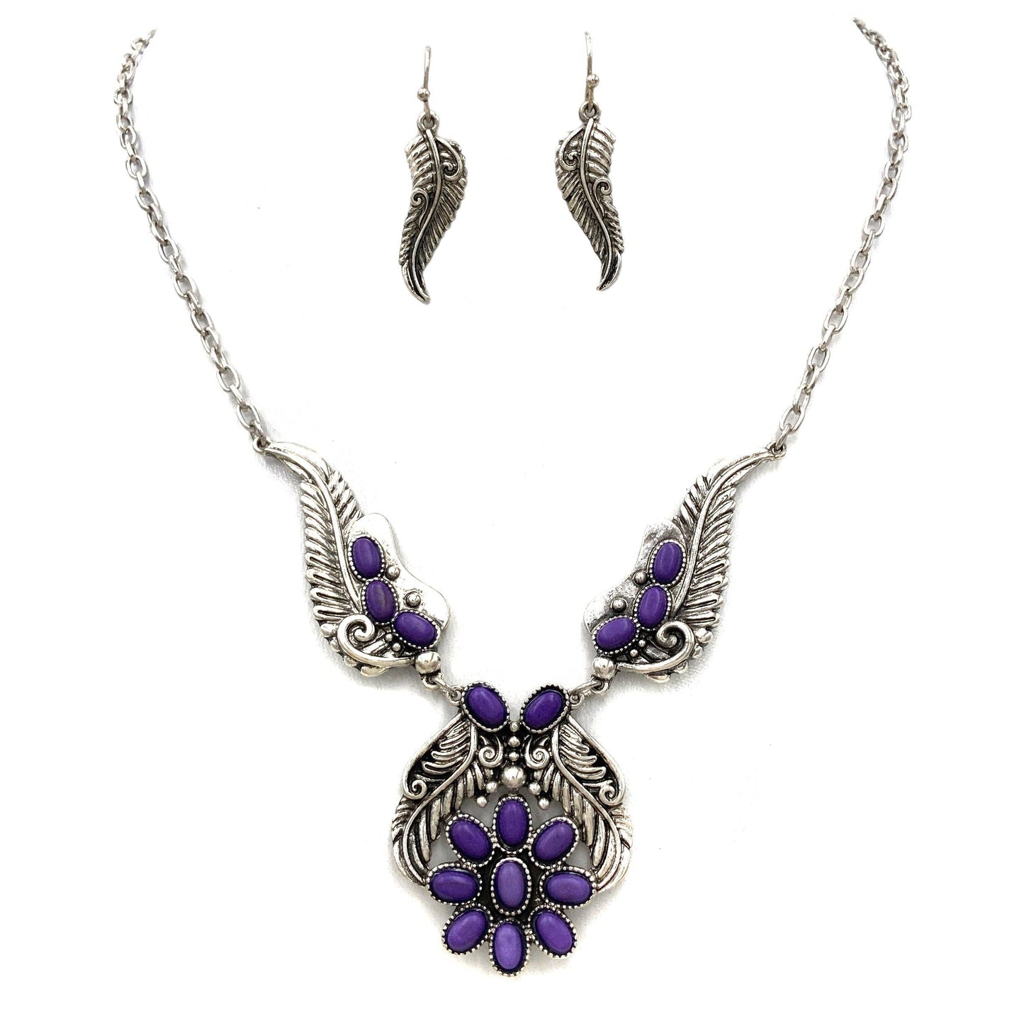 Bohemian Willow Leaf Turquoise Cabochon Jewelry Set: Necklace & Earrings - Silver Elegant