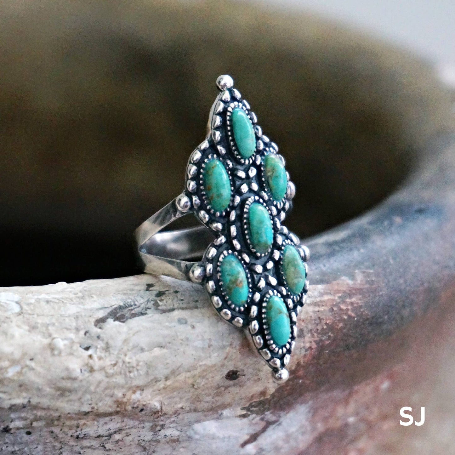 Native American Turquoise Elegance: Adjustable Antique Sterling Silver Ring, Gift Box