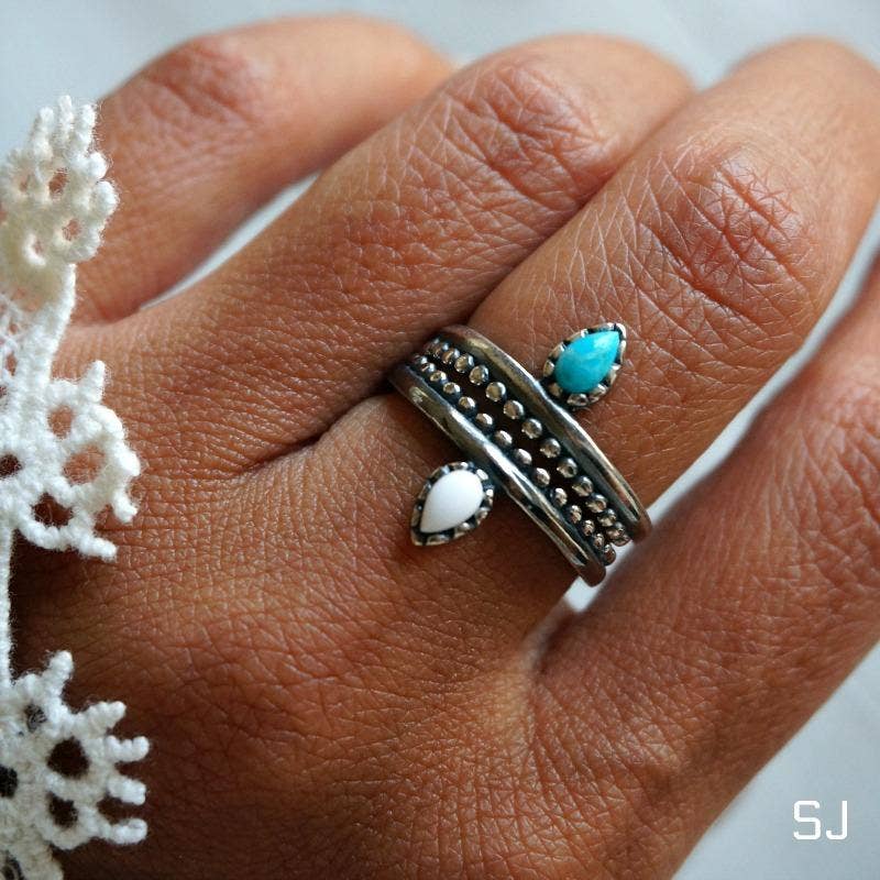 Native American Bipana Turquoise Ring, Genuine Sterling Silver & Turquoise Stone, Gift Box - Silver Elegant