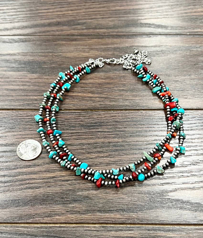 Handmade Navajo Coral and Turquoise Three Strand Necklace 16 to 21 Inches