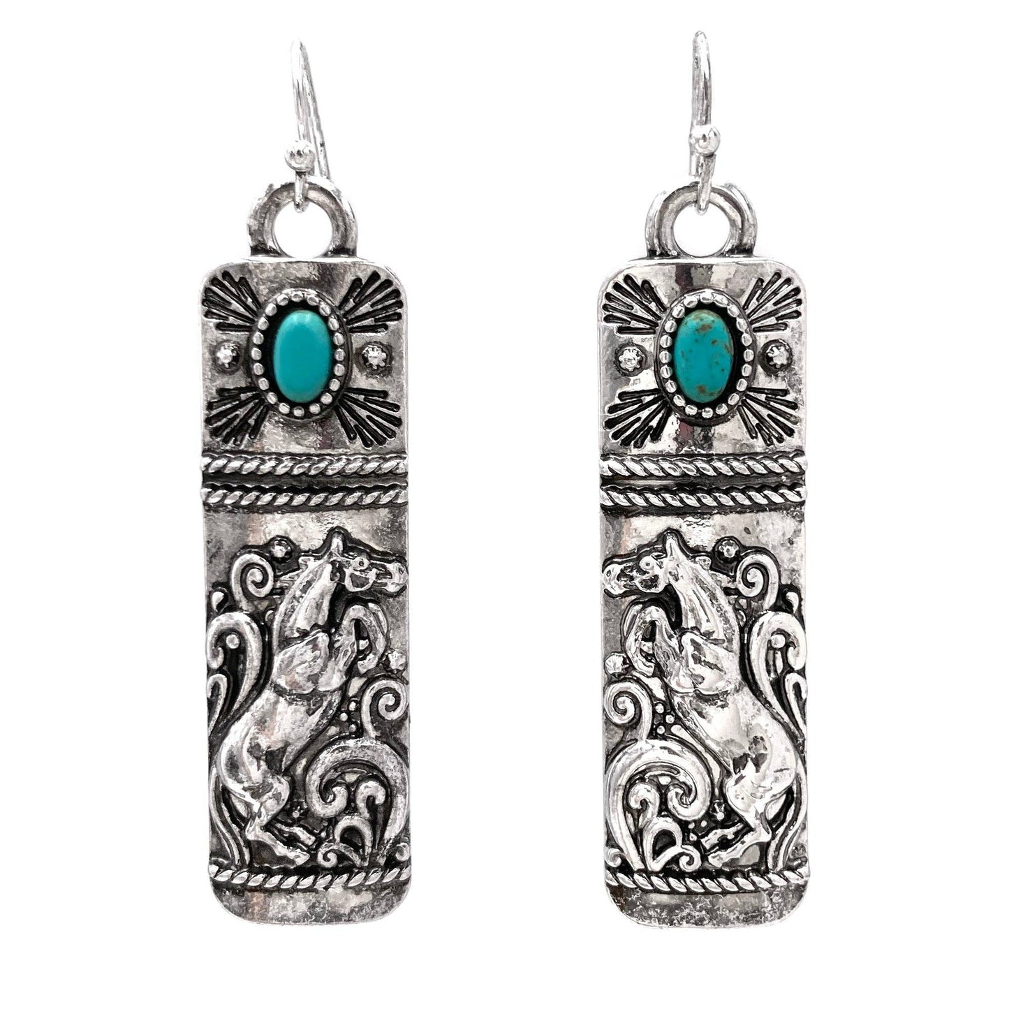 Turquoise Dream: Western Tribal Horse Bar Earrings - Silver Elegant