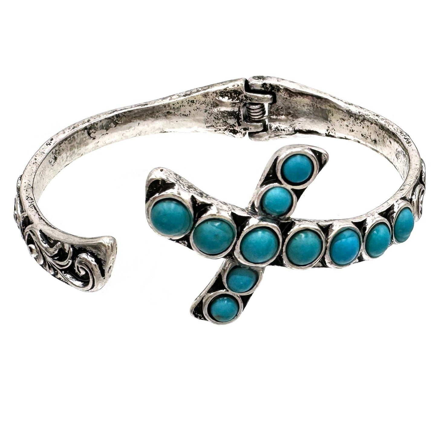 Spiritual Elegance Turquoise Bead Cross Bangle - Silver Elegant