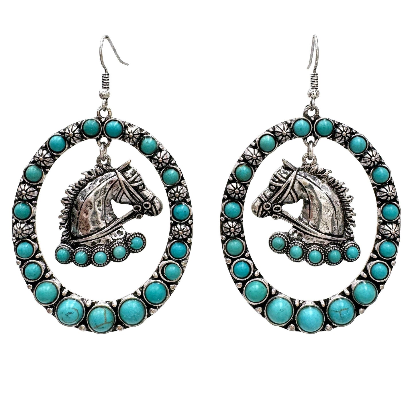 Vibrant Turquoise Horse Charm Statement Earrings - Oversized Silver Ovals - Silver Elegant