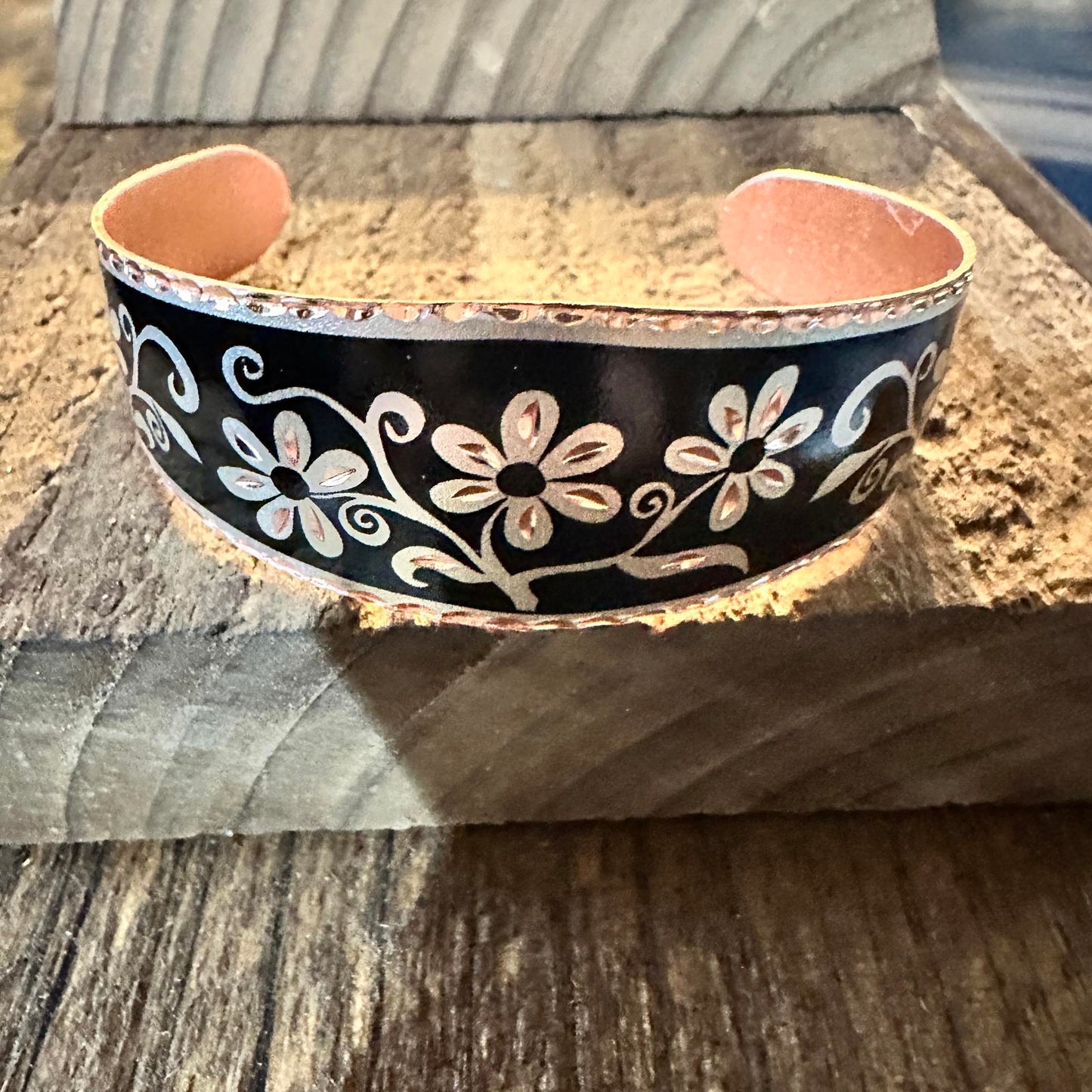 Handcrafted Diamond Cut Black Floral Design Copper Cuff Bracelet Gift Box