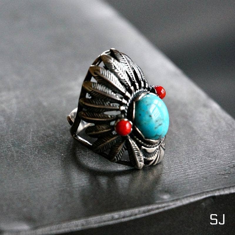 Turquoise Cuff Ring Inspired by Native American Headdress, Genuine Sterling Silver & Turquoise, Gift-Ready Packaging - Silver Elegant