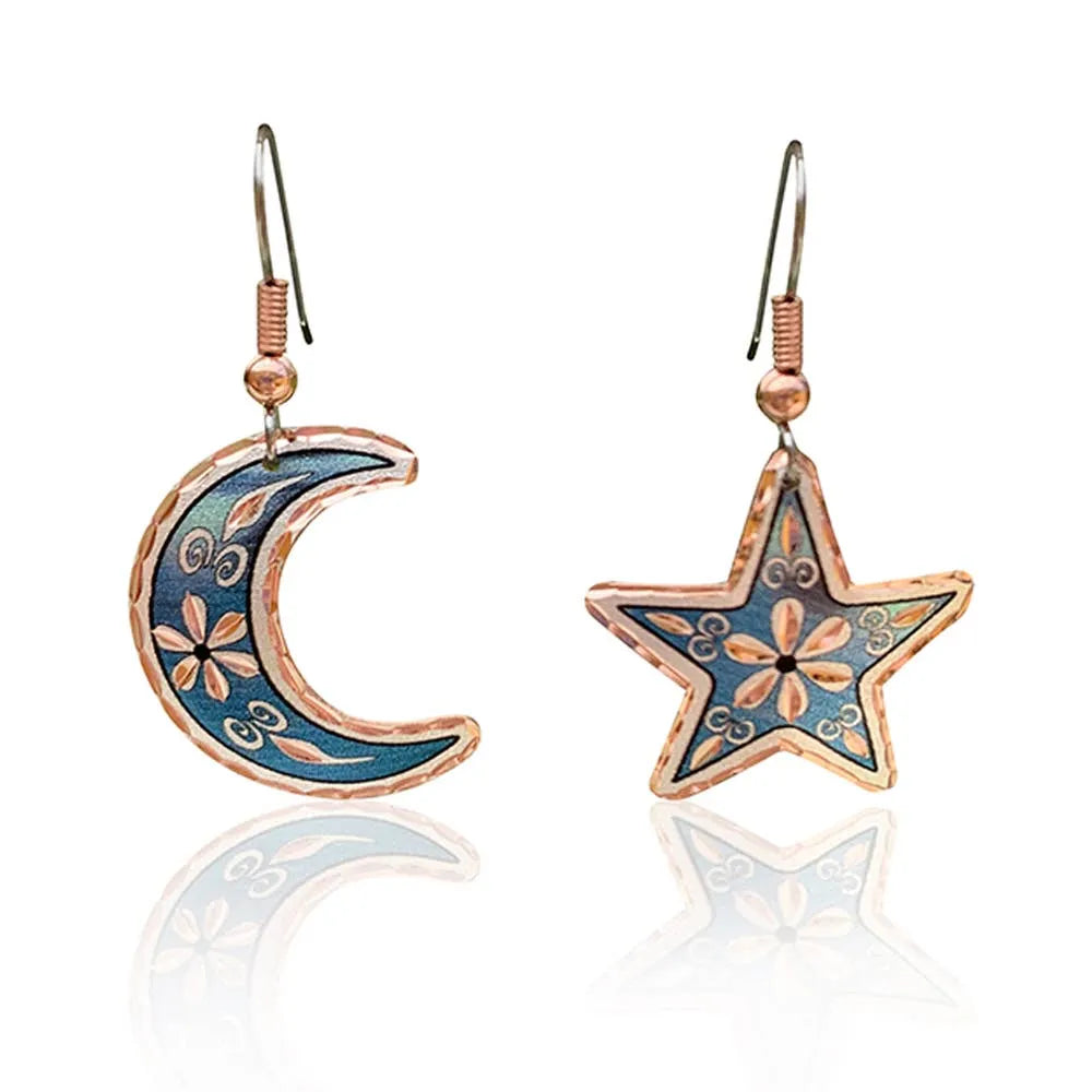 Handcrafted Blue Moon & Star Earrings, Wire Drop Copper Diamond Cut Earrings, Gift Box - Silver Elegant