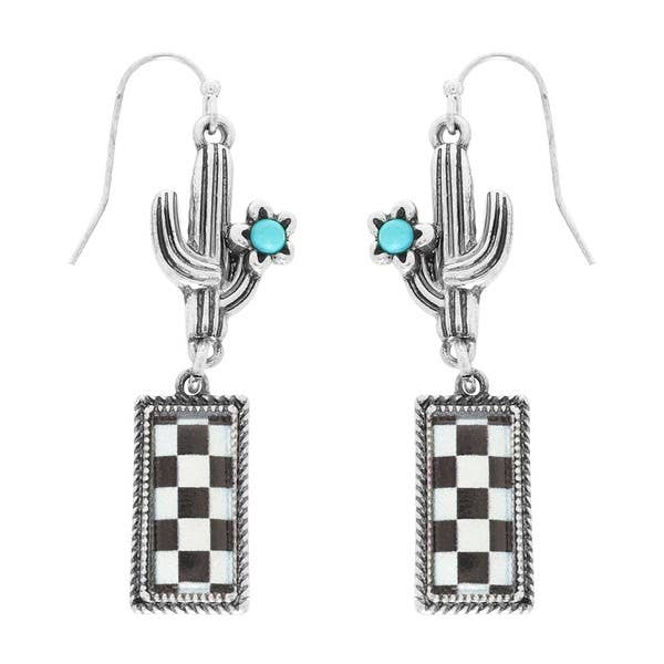 Turquoise Cactus Checkerboard Bar Earrings in Oxidized Silver - Silver Elegant