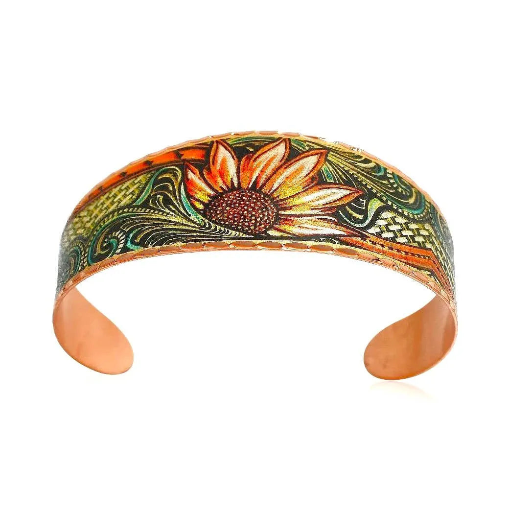 Handmade Boho Sunflower Cuff Bracelet, Copper Western Sunflower Cuff , Gift Box - Silver Elegant