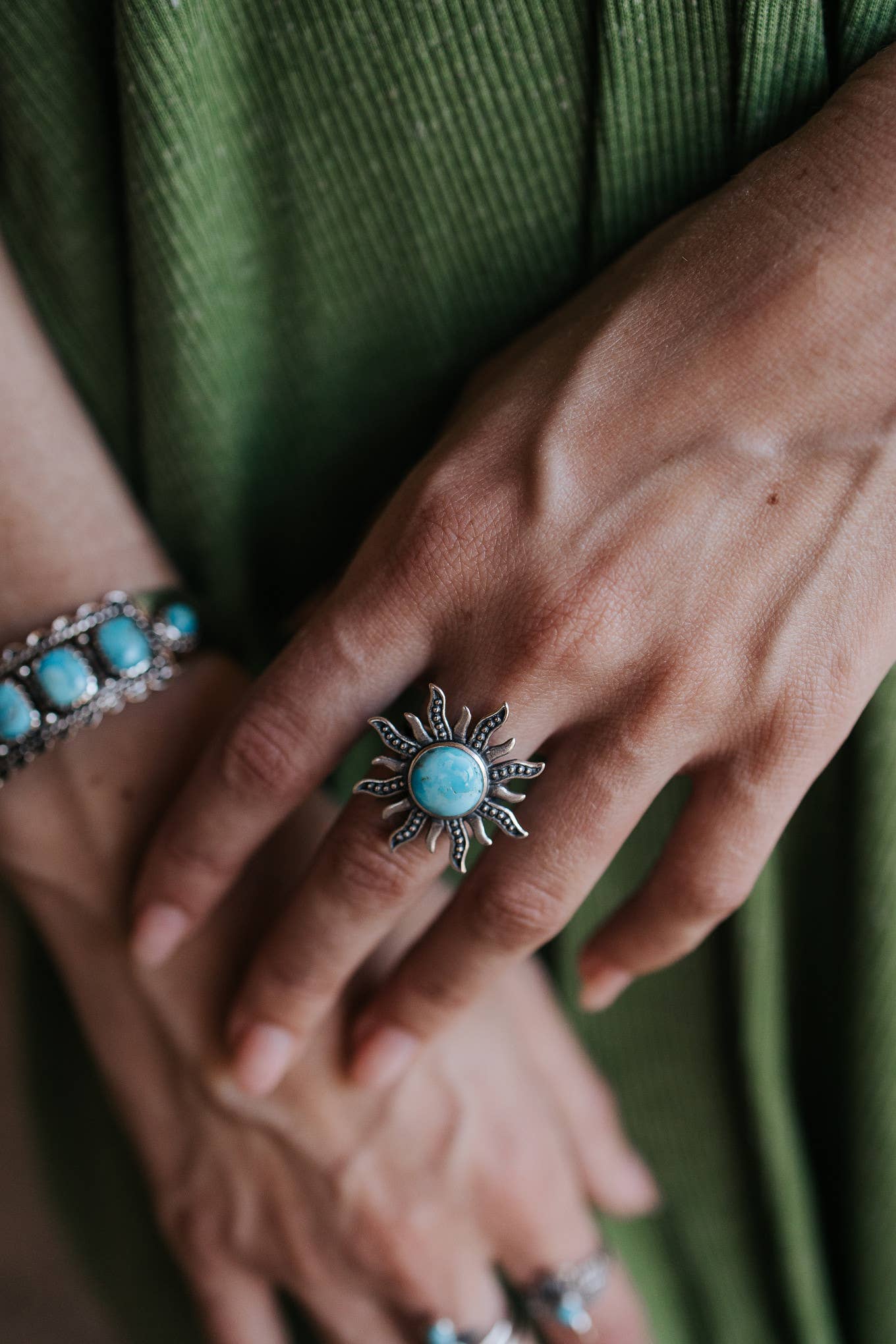 Turquoise Sunburst Cuff Ring in Sterling Silver - Native American Inspired Statement Jewelry, Gift-Ready Boxed - Silver Elegant