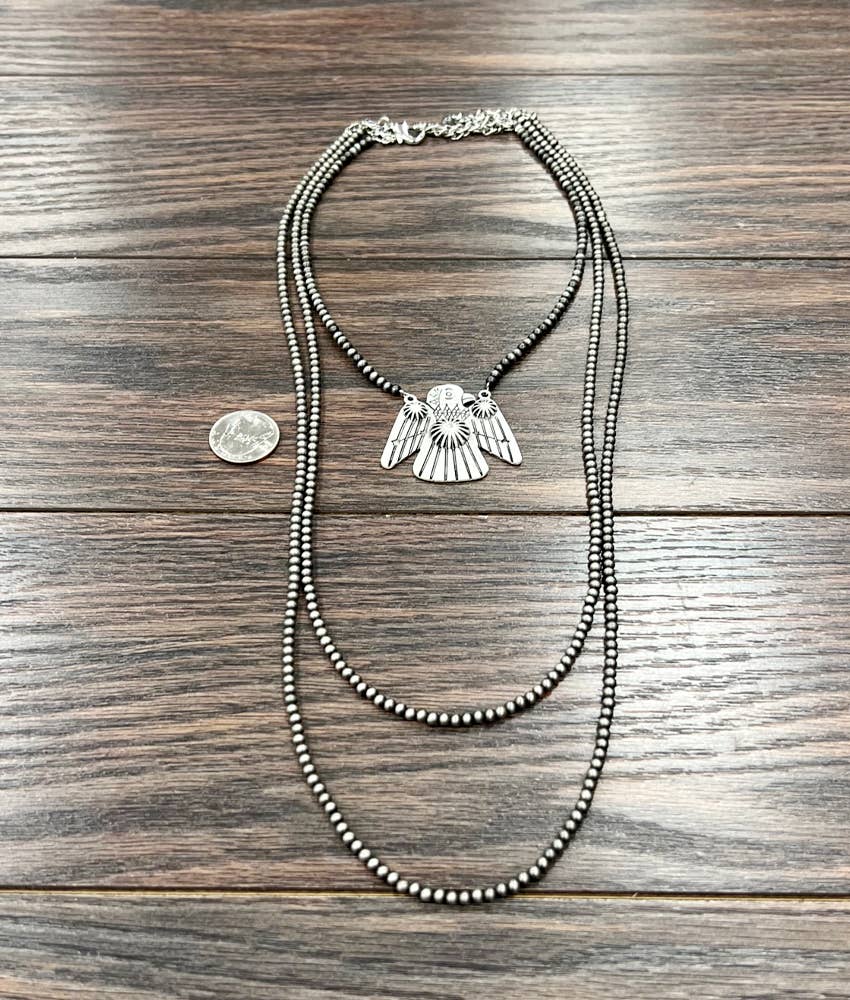 Handmade Thunderbird Necklace Three Strand 4mm Navajo Beads