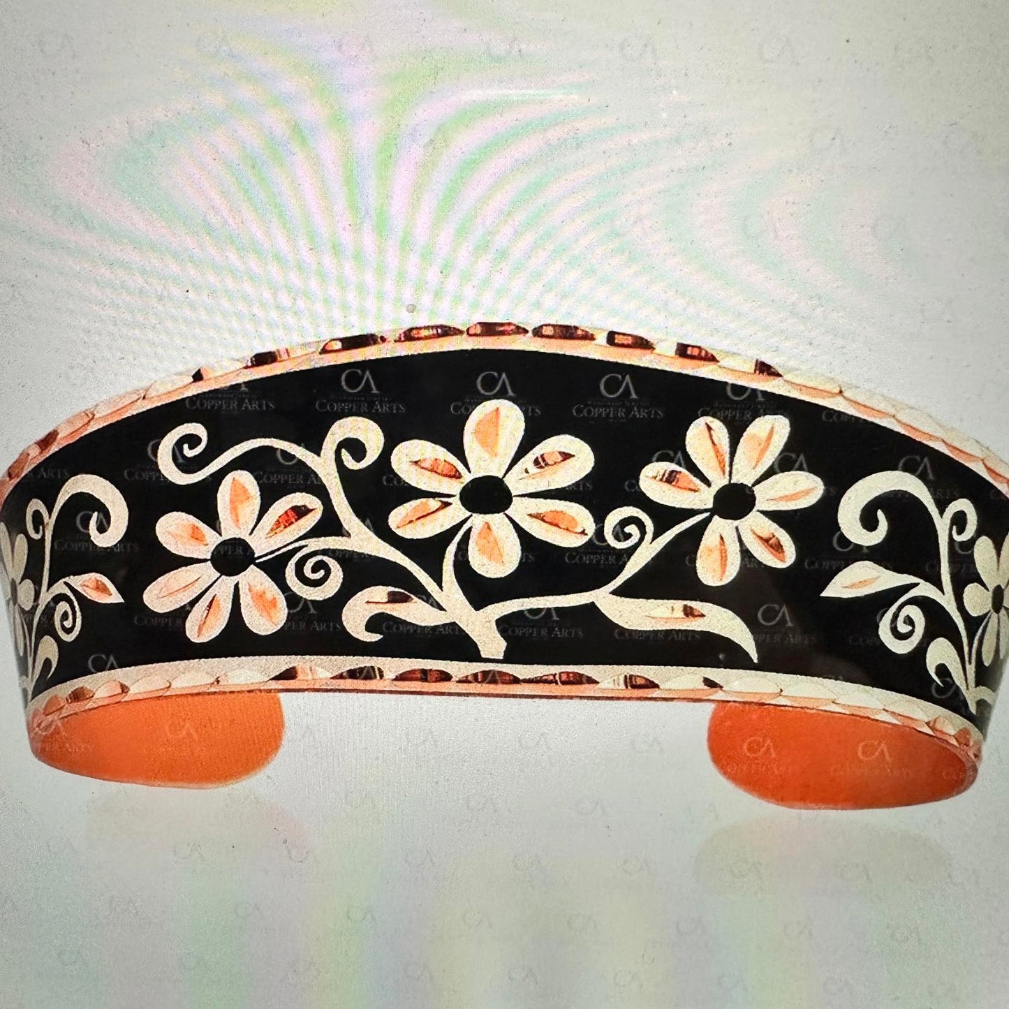 Handcrafted Diamond Cut Black Floral Design Copper Cuff Bracelet Gift Box