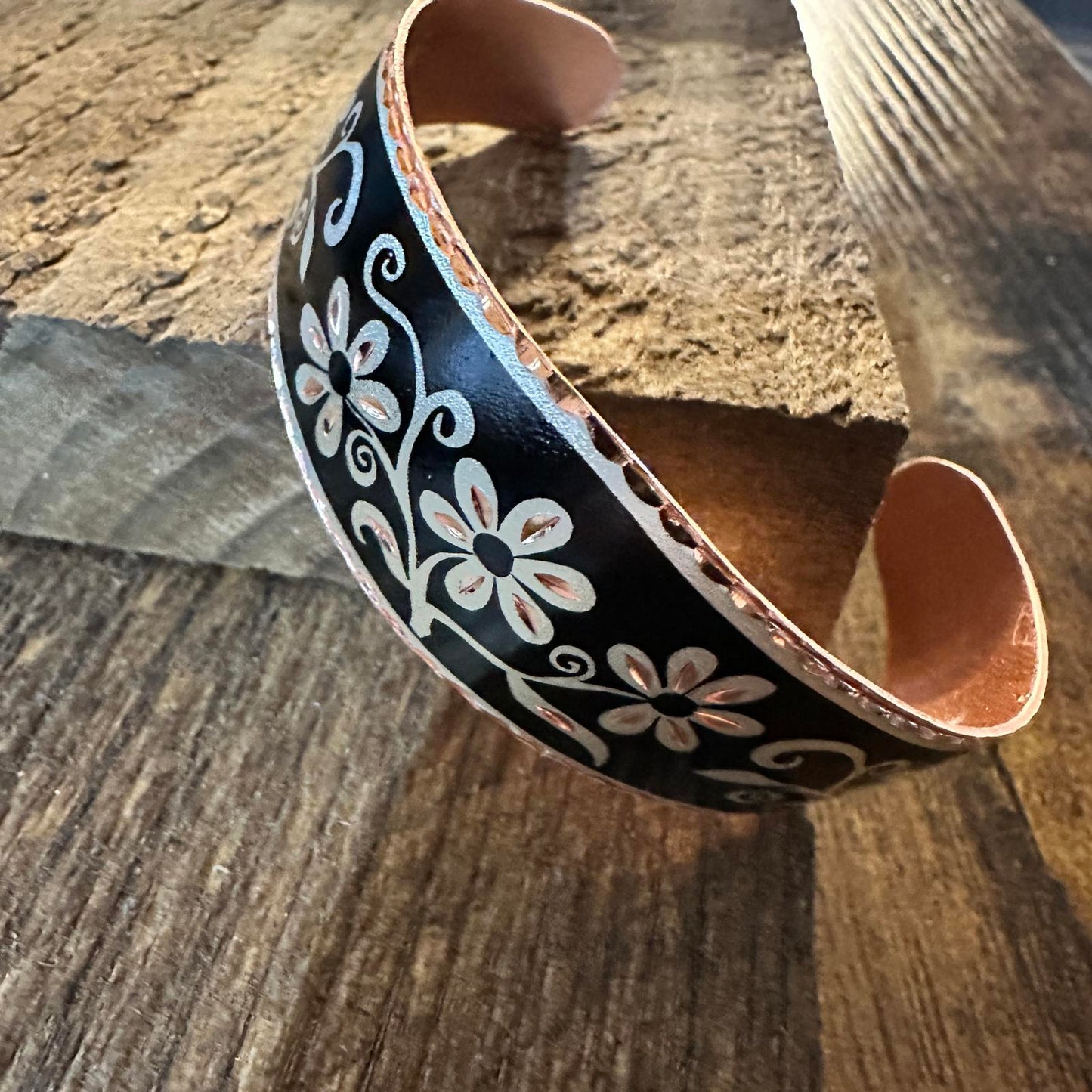 Handcrafted Diamond Cut Black Floral Design Copper Cuff Bracelet Gift Box