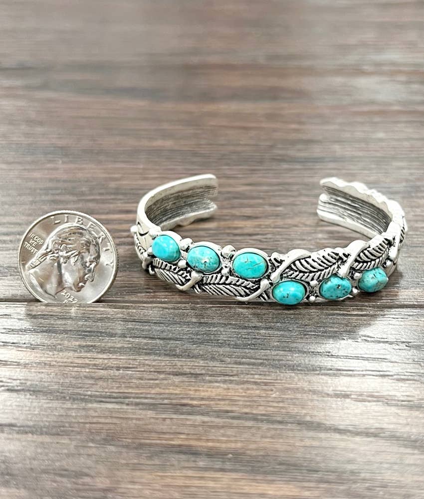 Navajo Style Feather Turquoise C Shaped Cuff Bracelet 0.6 Inch Band