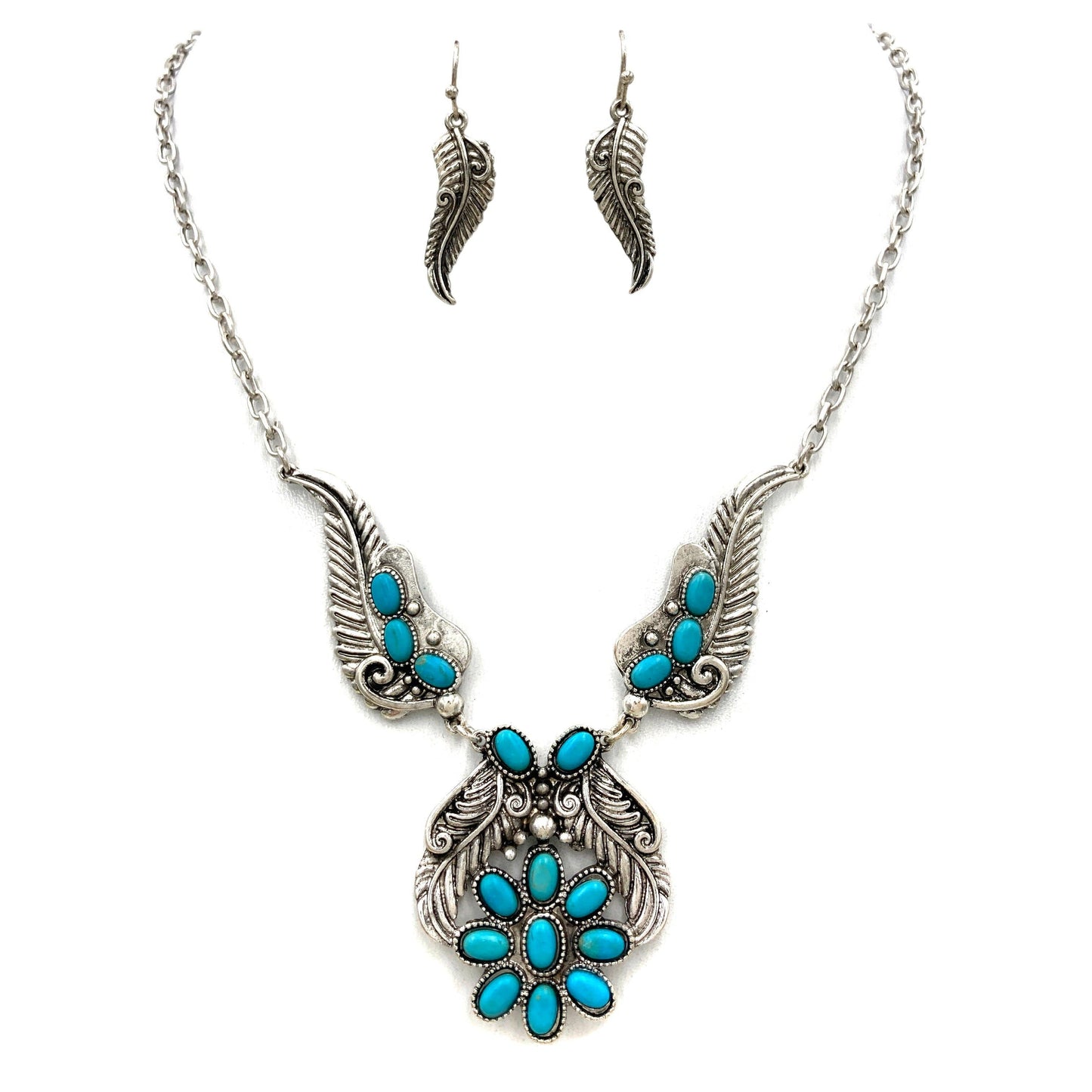 Bohemian Willow Leaf Turquoise Cabochon Jewelry Set: Necklace & Earrings - Silver Elegant