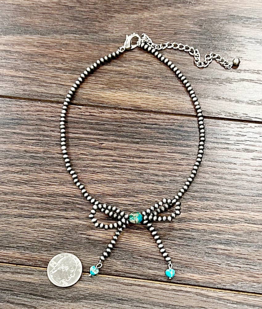 Handmade 15 Inch Ribbon Bow Necklace with Tiny Navajo Beads and Gemstones