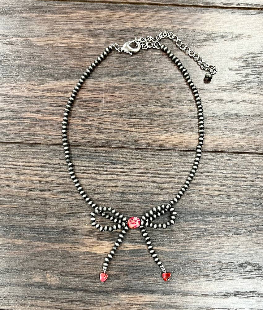 Handmade Ribbon Bow Necklace with Tiny Navajo Beads and Gemstones