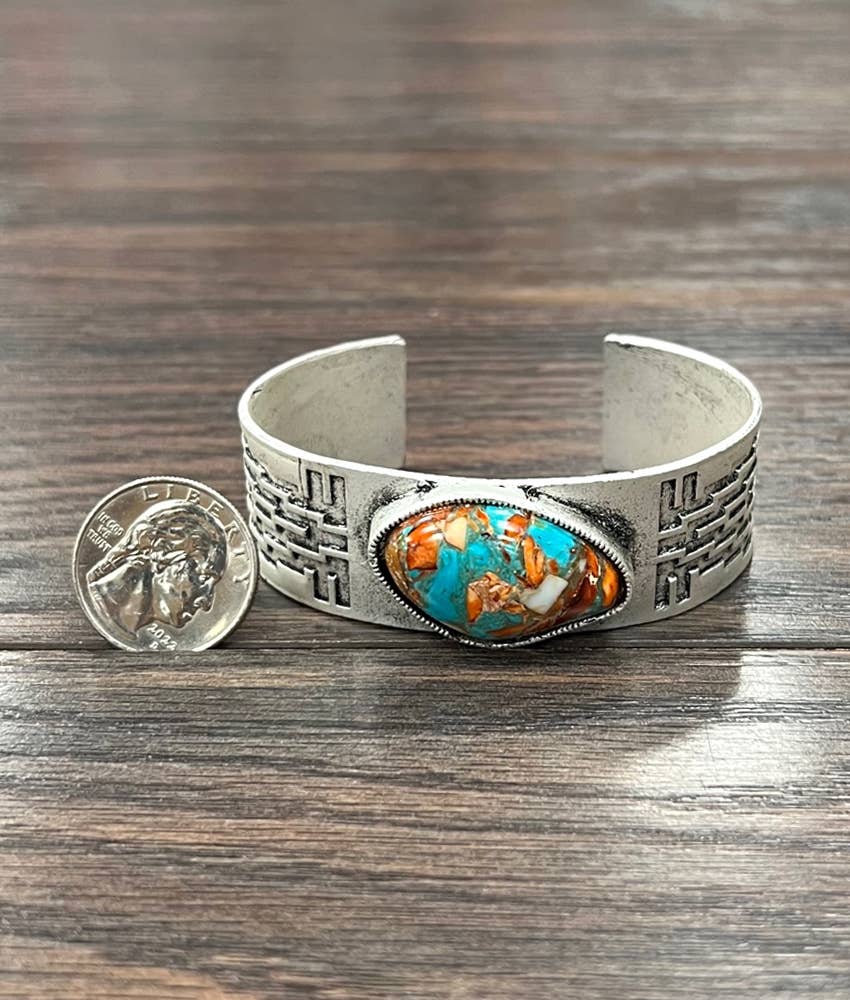 Big Navajo Natural Gemstone Cuff Bracelet With Antique Silver Finish