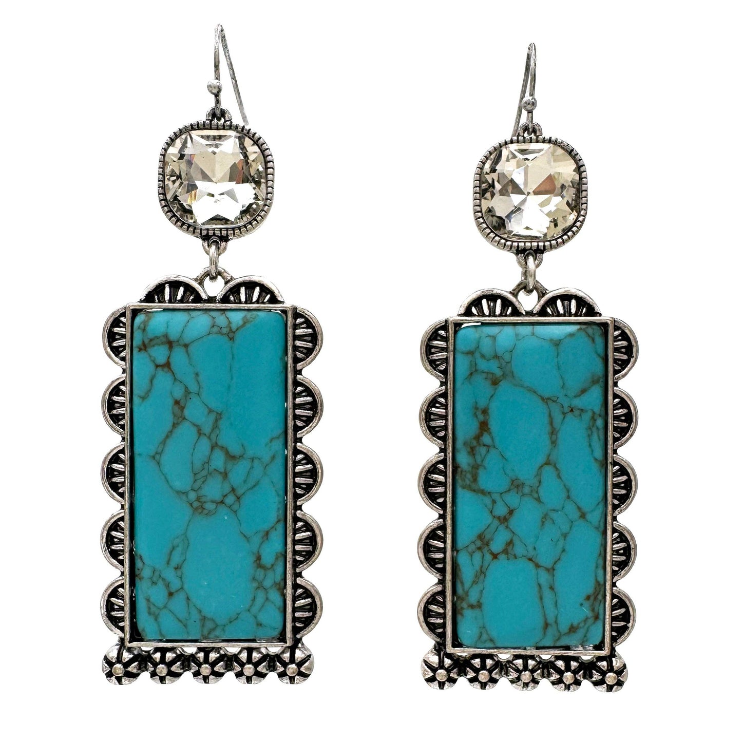 Turquoise Elegance: Diamond-Studded Rectangle Earrings - Silver Elegant