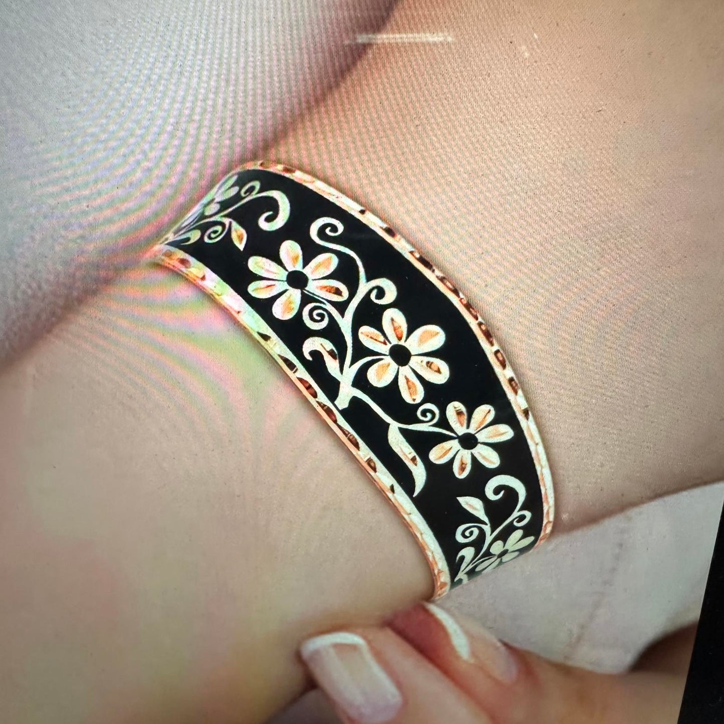 Handcrafted Diamond Cut Black Floral Design Copper Cuff Bracelet Gift Box