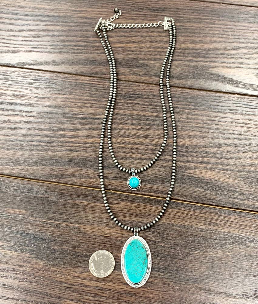 Turquoise Navajo Faux Pearl Bead Two Strand Necklace With Natural Turquoise Pendant
