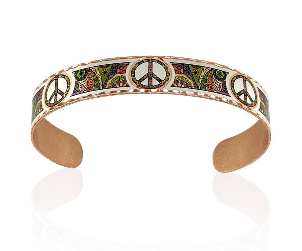 Handmade Boho Copper Narrow Cuff Bracelet, Diamond Cut Hippie Peace Design, Gift Box - Silver Elegant
