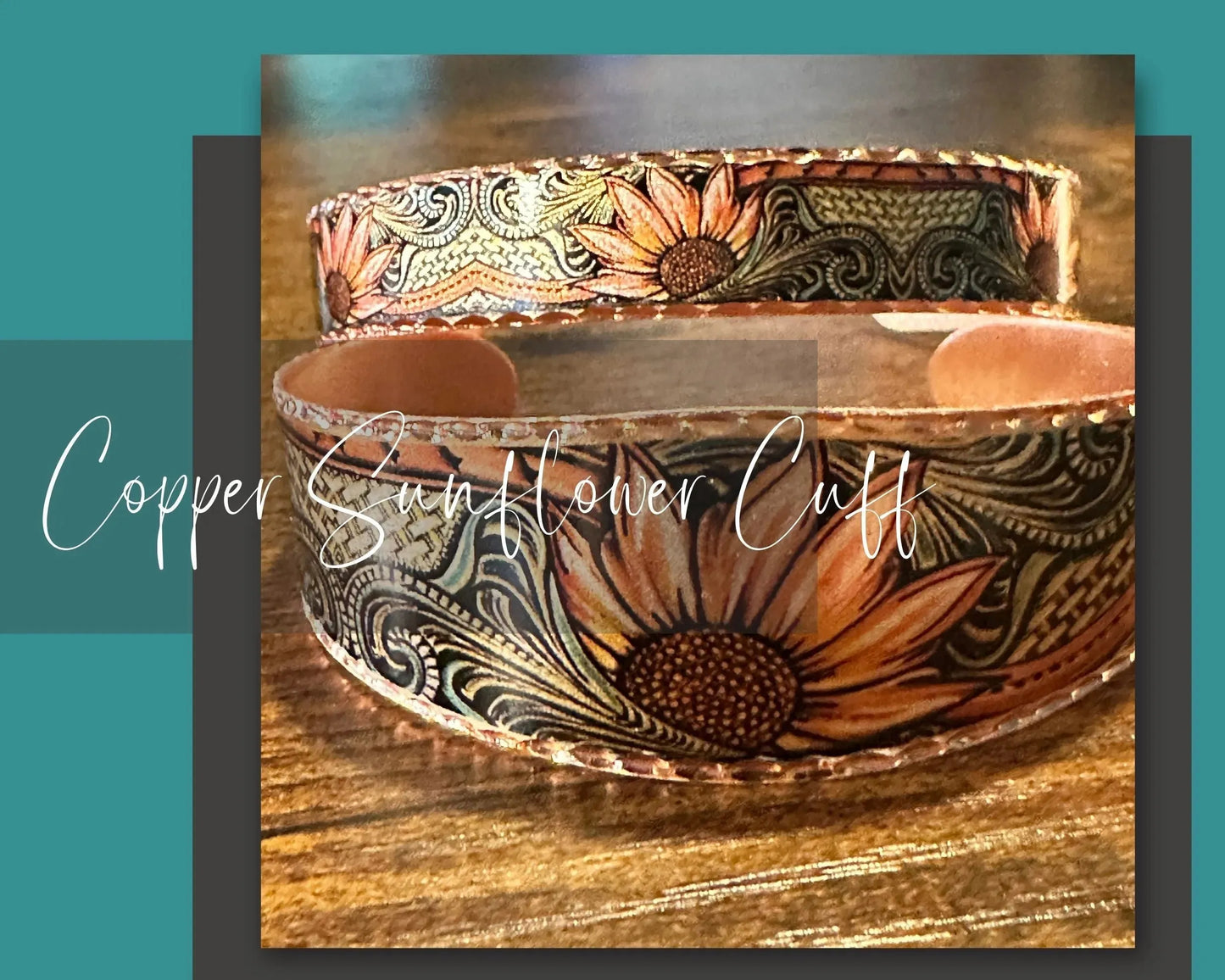 Handmade Boho Sunflower Cuff Bracelet, Copper Western Sunflower Cuff , Gift Box - Silver Elegant