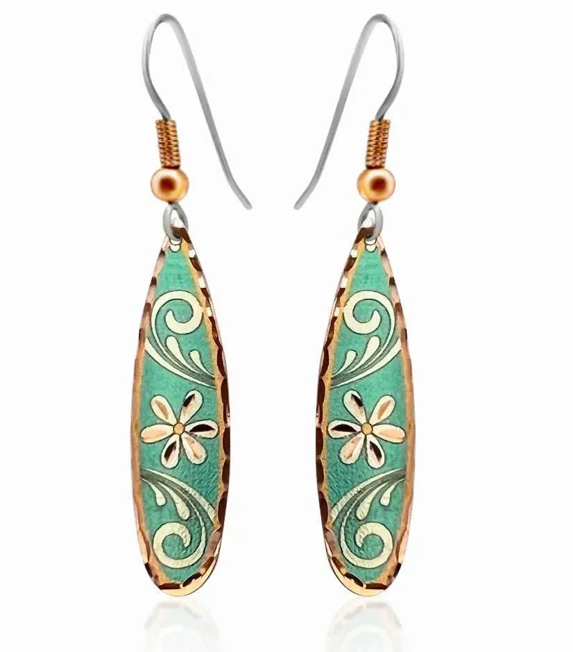 Handcrafted Boho Floral Earrings, Copper Teardrop Turquoise Flower Wire Drop Earrings, Gift Box - Silver Elegant
