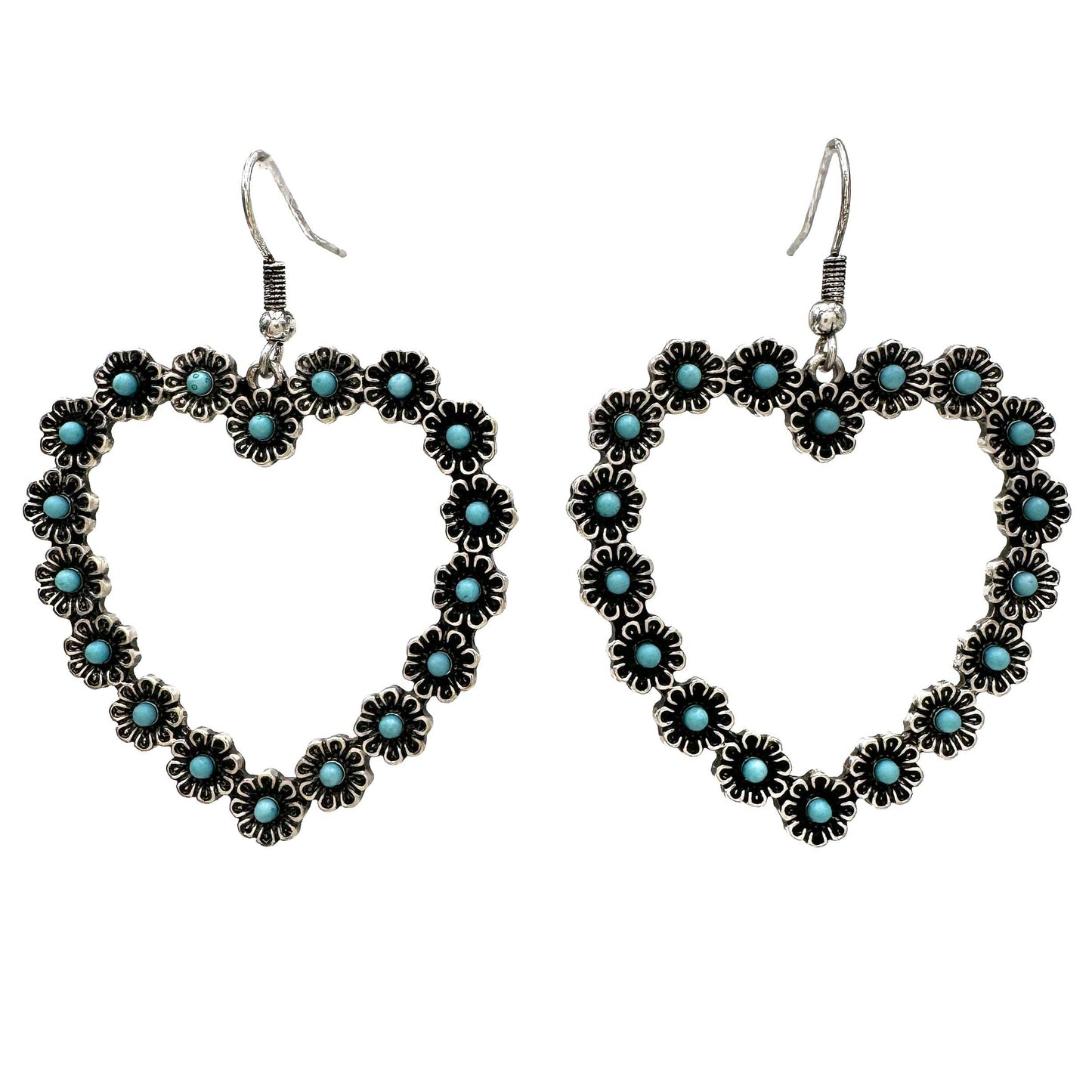 Vibrant Turquoise Heart Earrings with Bohemian Floral Design - Silver Elegant