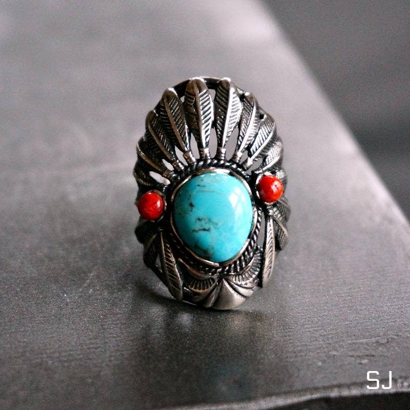 Turquoise Cuff Ring Inspired by Native American Headdress, Genuine Sterling Silver & Turquoise, Gift-Ready Packaging - Silver Elegant