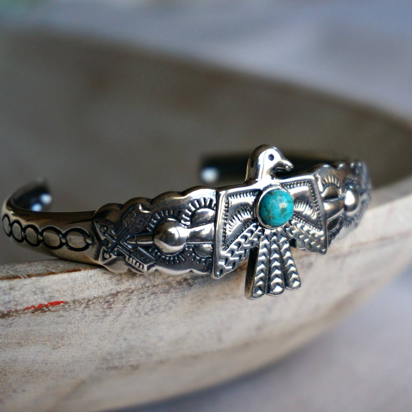 Navajo Thunderbird Turquoise Cuff Bracelet in Sterling Silver - Handcrafted Gift Boxed Accessory - Silver Elegant