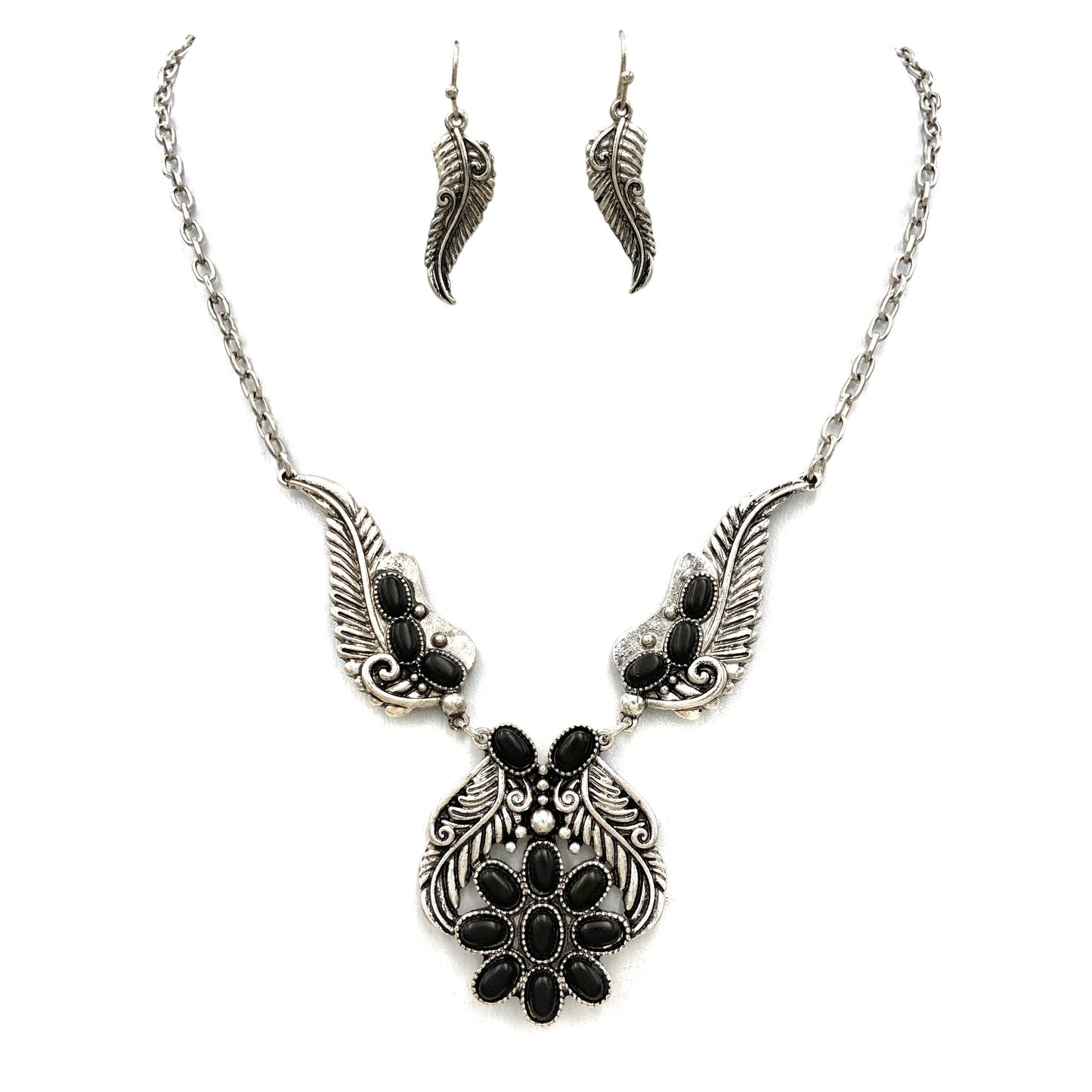 Bohemian Willow Leaf Turquoise Cabochon Jewelry Set: Necklace & Earrings - Silver Elegant