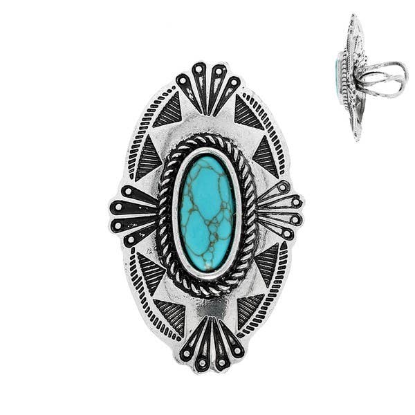 Turquoise Oasis: Adjustable Western Concho Cuff Ring in Oxidized Silver - Silver Elegant