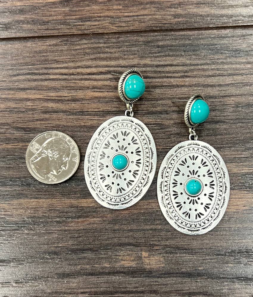 Concho Turquoise Post Earrings Two Point Five Inch Silver