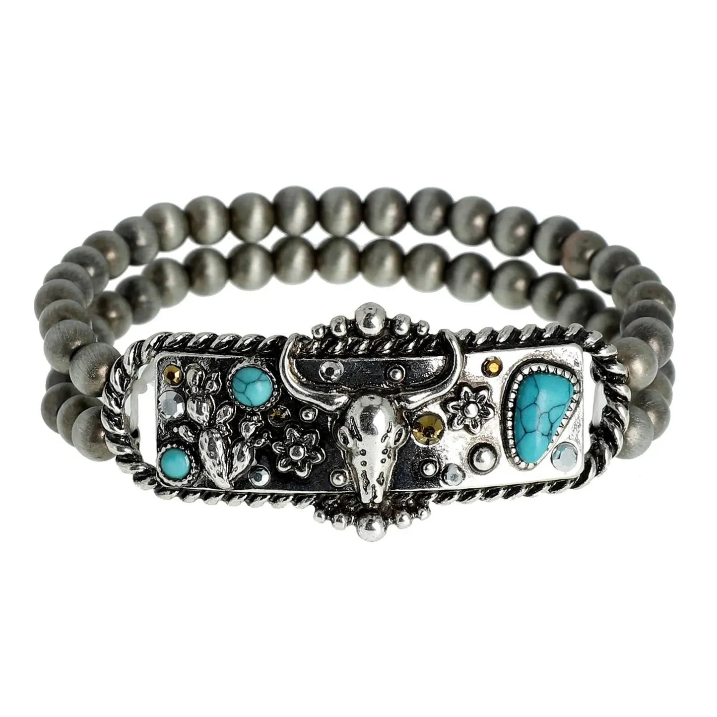Handcrafted Boho Rodeo Bracelet, Western Navajo Rhinestone Turquoise Stretch Bracelet, Gift Box - Silver Elegant