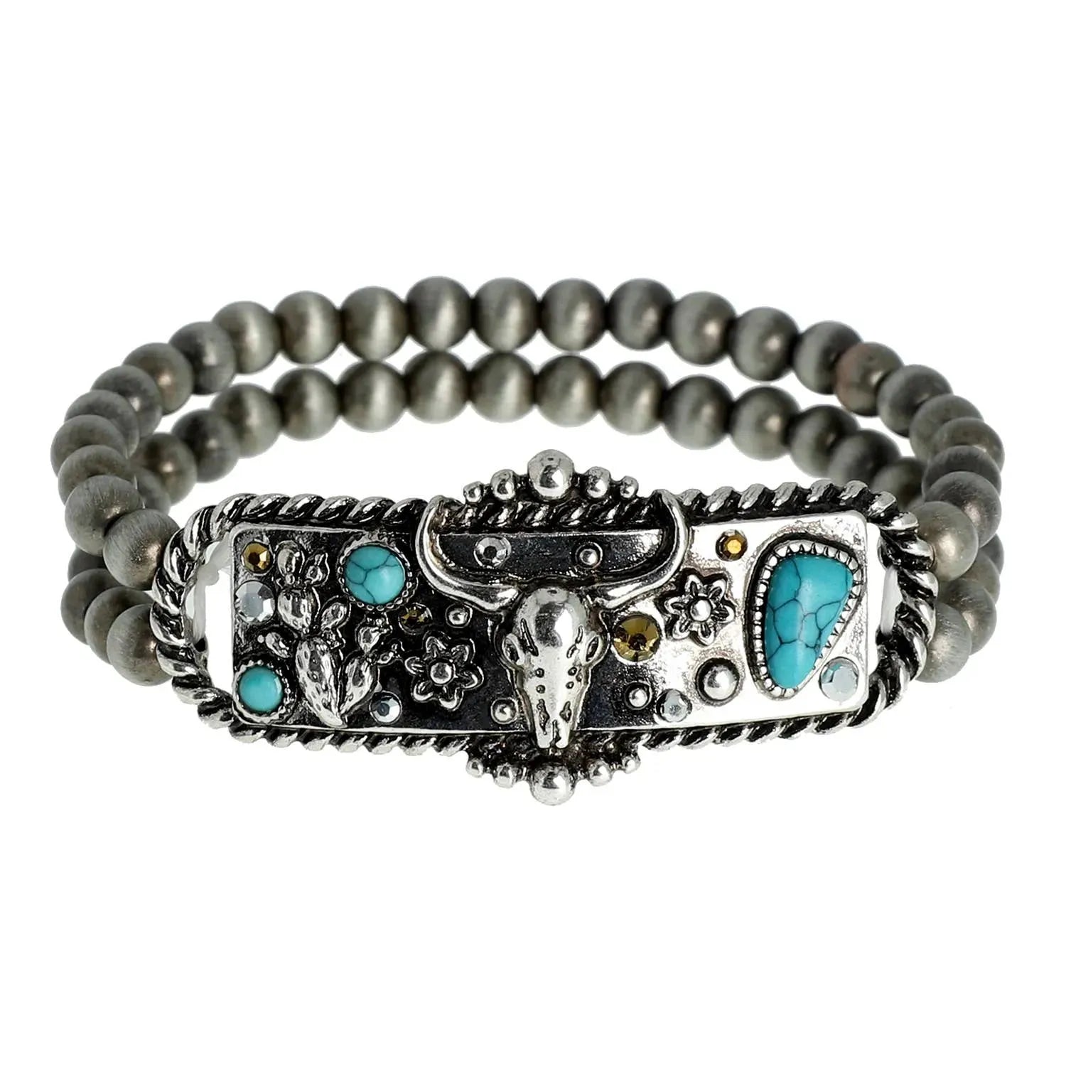 Handcrafted Boho Rodeo Bracelet, Western Navajo Rhinestone Turquoise Stretch Bracelet, Gift Box - Silver Elegant