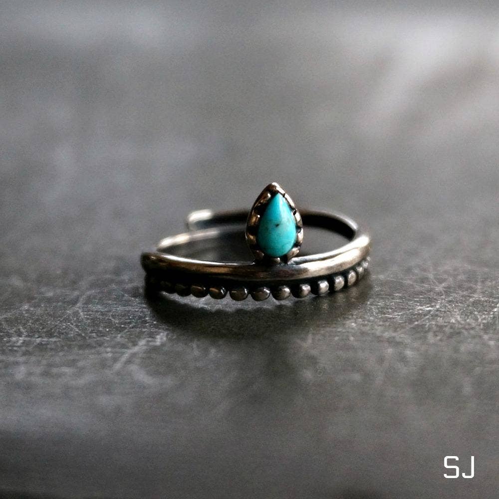 Native American Bipana Turquoise Ring, Genuine Sterling Silver & Turquoise Stone, Gift Box - Silver Elegant