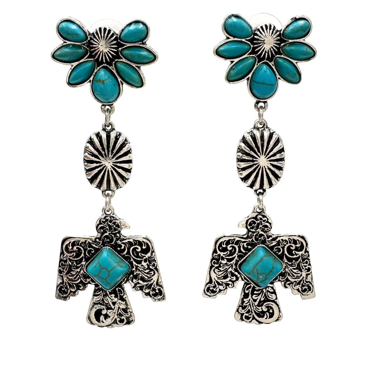 Navajo Thunderbirds & Turquoise: Enchanting Three Charm Dangle Earrings - Silver Elegant