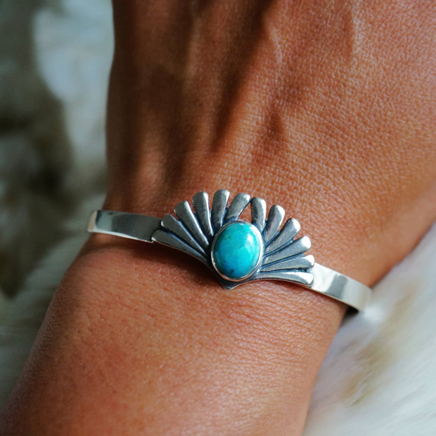 Turquoise Blessing Cuff Bracelet - Authentic Sterling Silver & Native American Heritage Gift - Silver Elegant