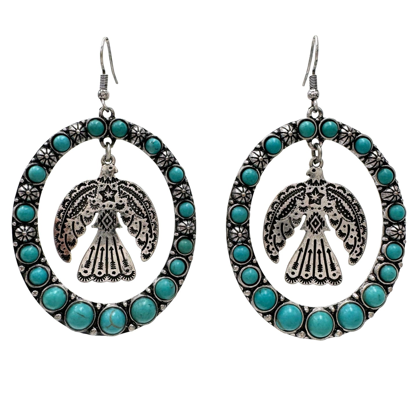 Turquoise Thunderbird Charm Oversized Western Oval Earrings in Silver - Silver Elegant