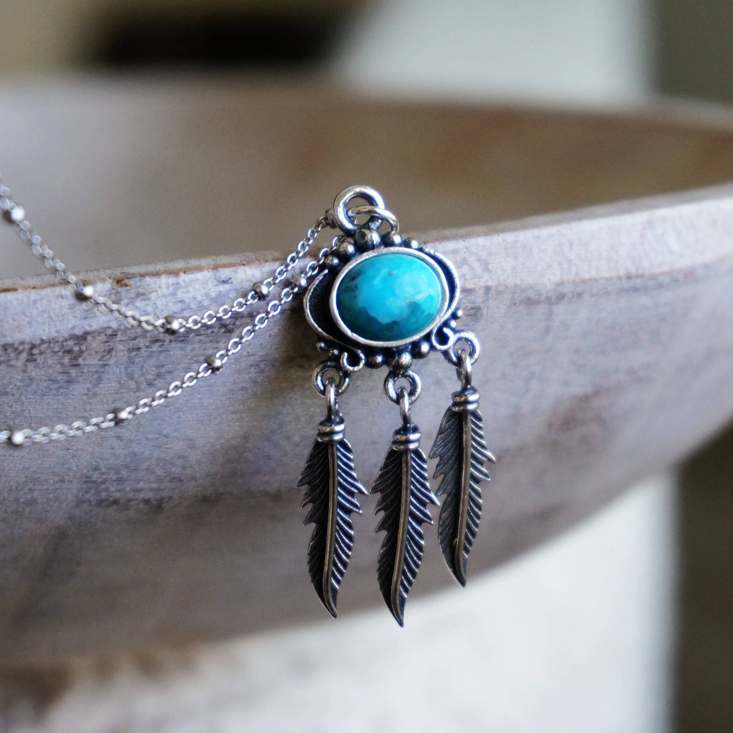 Navajo Turquoise Feather Pendant Necklace in Sterling Silver - Handmade Gift Box Included - Silver Elegant