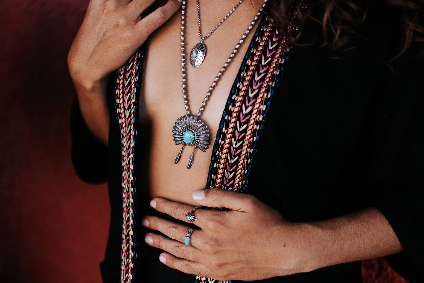 Navajo Headdress Turquoise Necklace in Sterling Silver – Authentic Native American Jewelry Gift Set - Silver Elegant