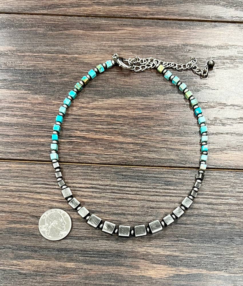 Handmade Square Gemstone And Navajo Bead Necklace 15 To 20 Inches Long